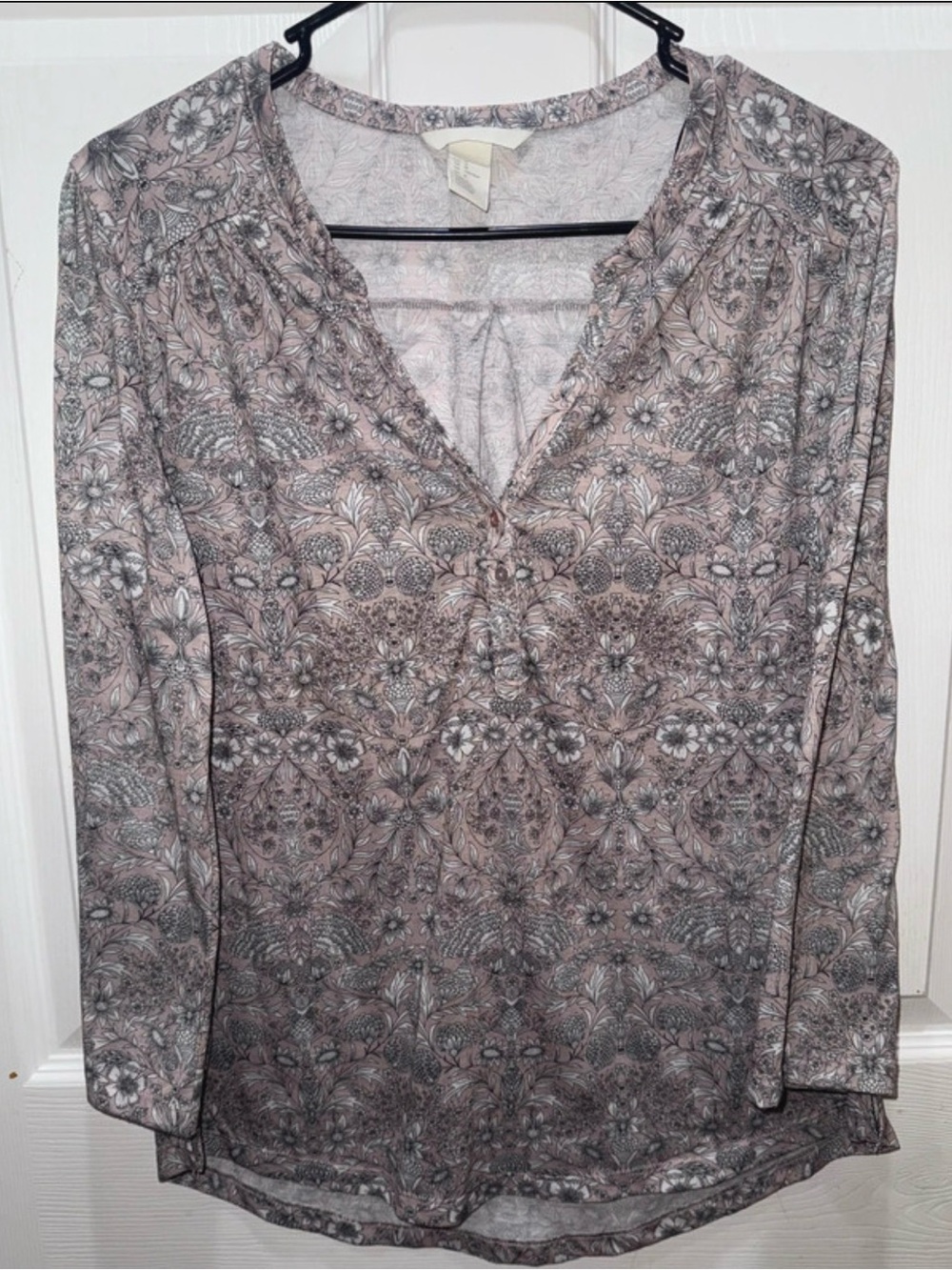 H&M Dusty Pink and Gray Floral Henley Blouse